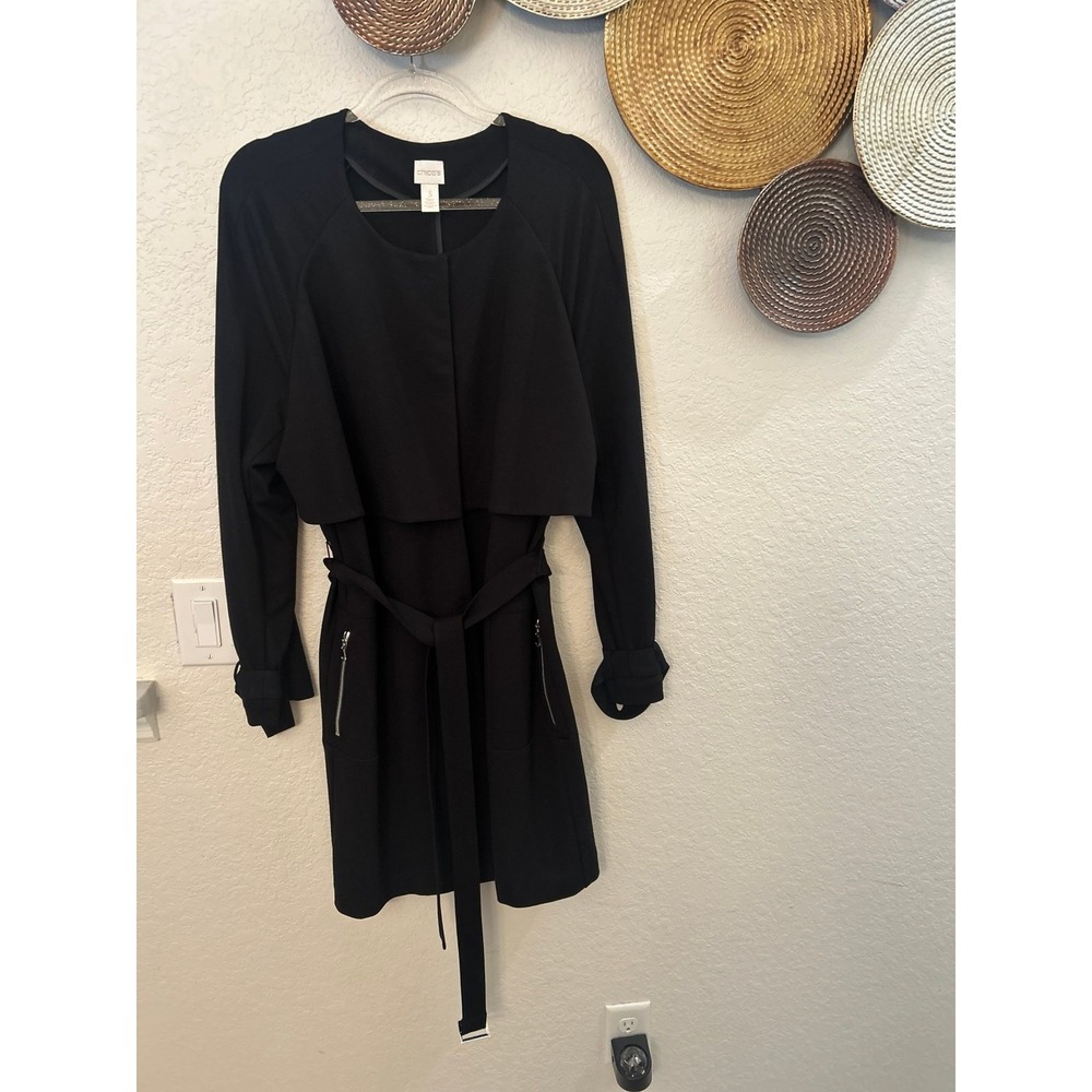 Chico's Black Belted Trench‎ Jacket Coat, Size 3 - Picture 2 of 4